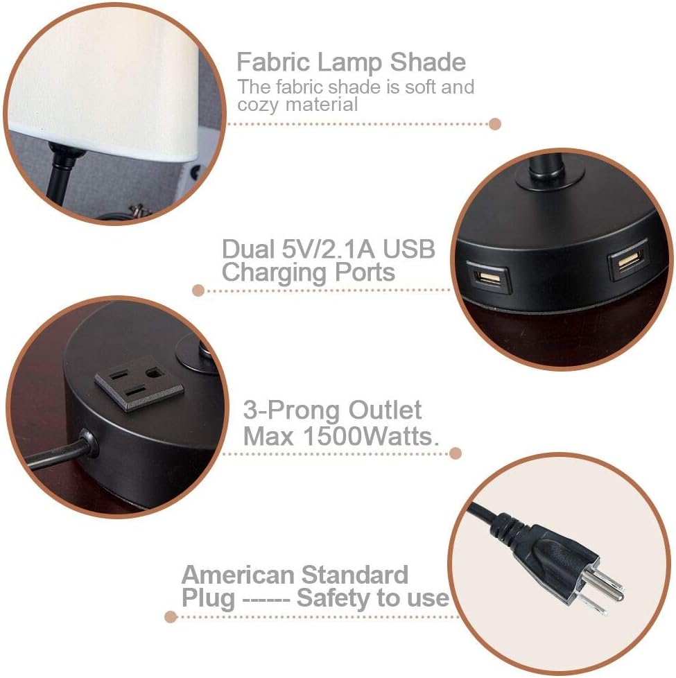 ZEEFO Touch Control Table Lamp Built in Dual USB Ports & AC Outlet, White Fabric Shade 3 Way Dimmable USB Nightstand Lamp, Two Edison LED Bulbs Included Bedside Lamps for Bedroom, Living Room (2 Pack) - - 