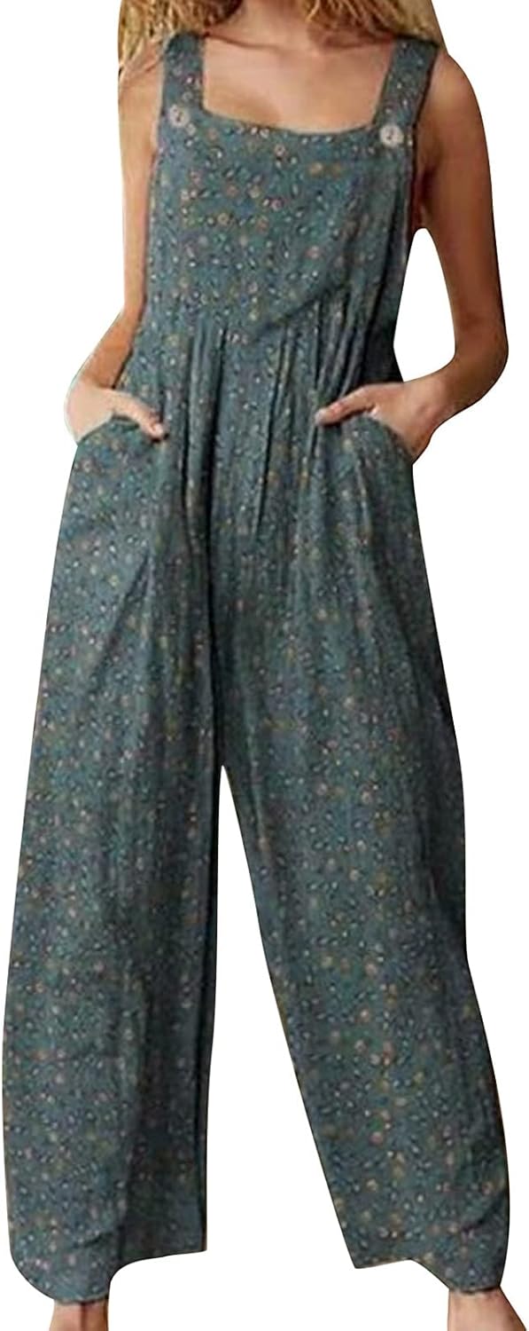 Summer Women Boho Suspender Jumpsuit Floral Printed Pattern UShaped