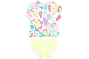 RuffleButts Baby/Toddler Girls Rash Guard 2-Piece Long Sleeve Swimsuit Set - Aqua Stripe Polka Dot UPF 50+ Sun Protection