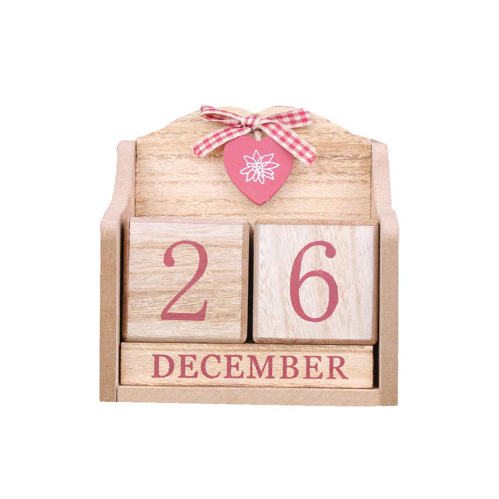 LIOOBO Wooden Calendar Blocks Desktop Perpetual Calendar Month Date Display Home Office Decoration (Red)