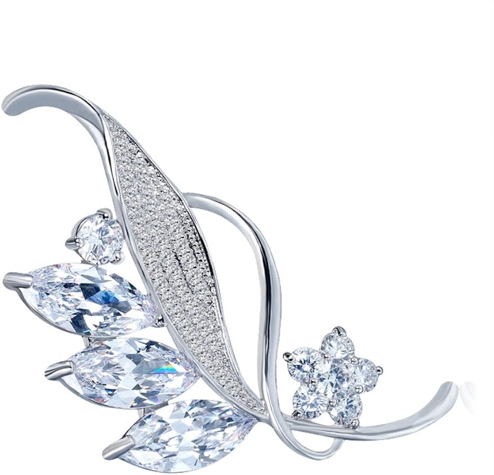 Hanie Silver Brooch, Hypoallergenic 18K Gold/White Gold-Plated, Flower Leaf Brooch with 5A White Cubic Zirconia