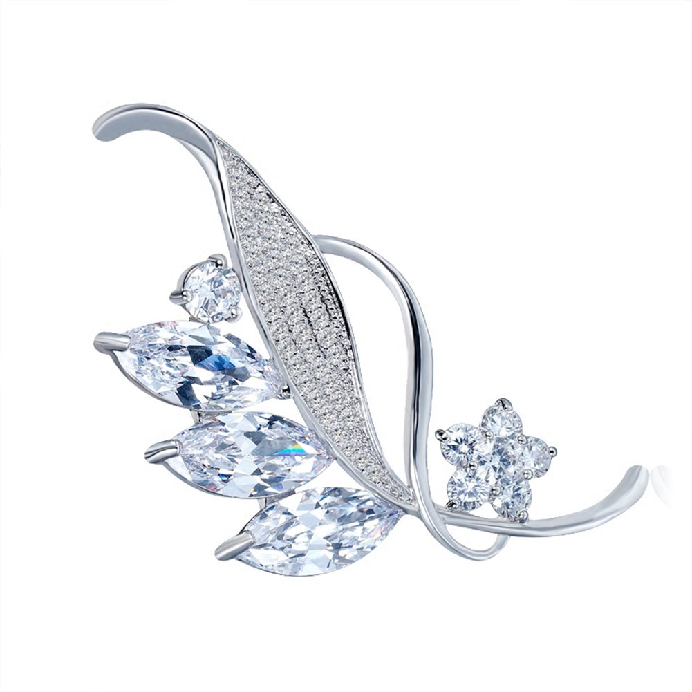 Hanie Silver Brooch - Hypoallergenic 18K Gold/White Gold-Plated, Flower Leaf Brooch with 5A White Cubic Zirconia, for Women's Coats, Wedding Dresses or Evening Dresses