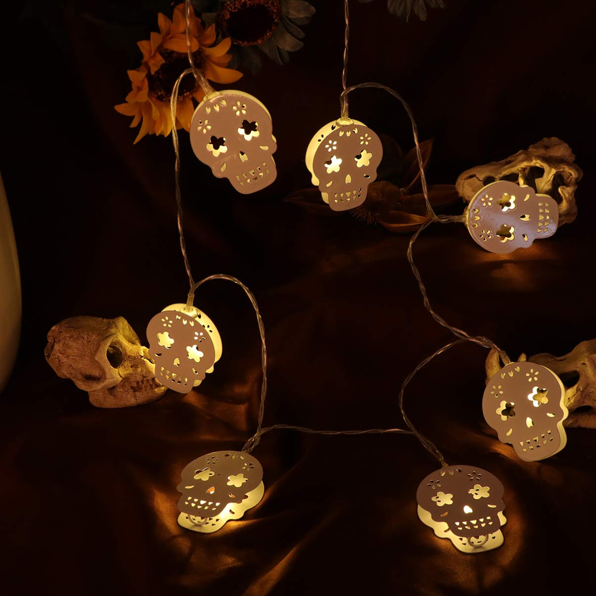 OSALADI Skull Fairy Lights 1.5M 10Leds Battery Operated Halloween String Lights Hollow Design for Party Garden Patio Indoor Decoration