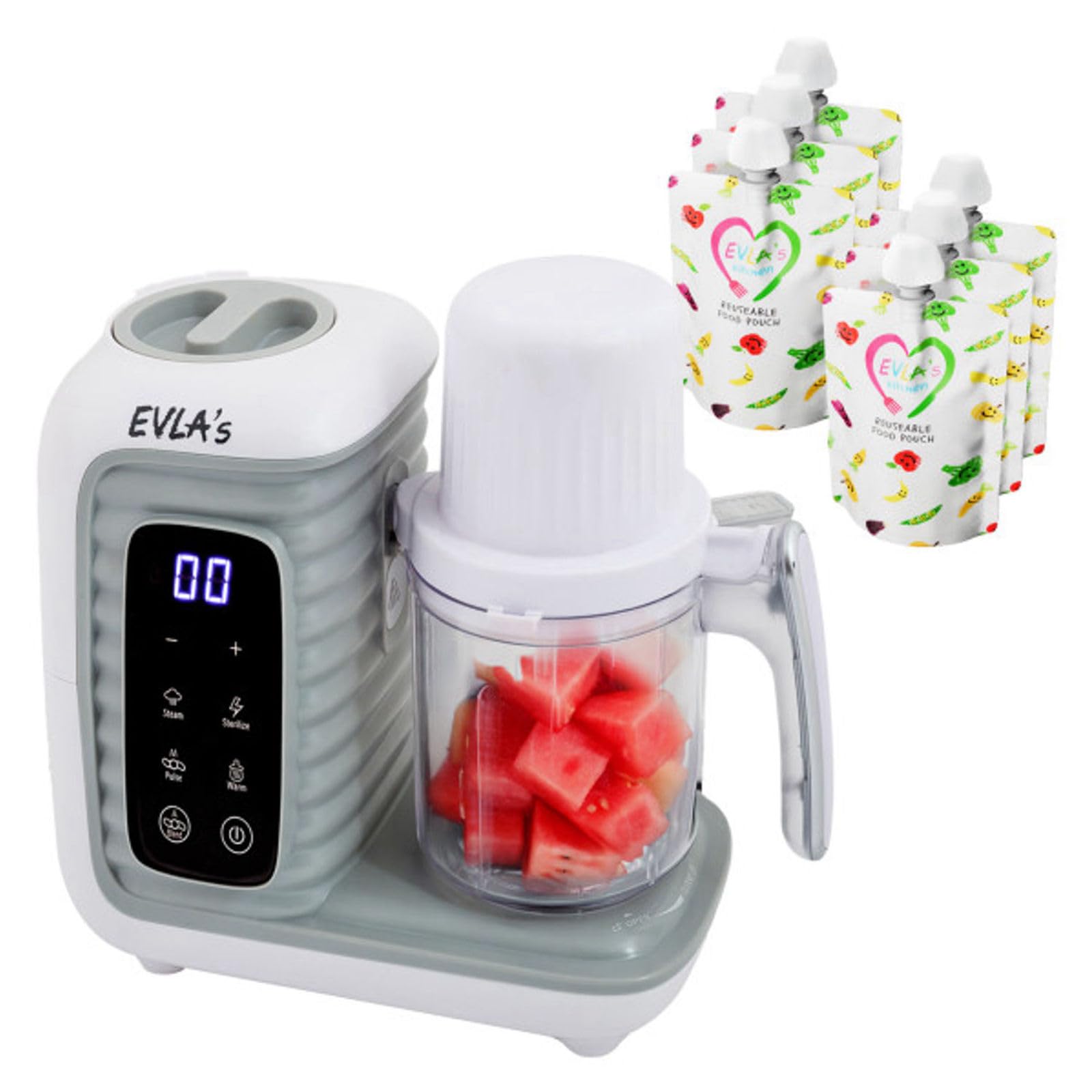 EVLA'S Double Baby Food Maker with 2 Steaming Baskets, Steamer, Blender, Grinder, Food Processor, Cook & Blends Healthy Baby Food in Minutes, Touch Screen, with 6 food pouches, White Image