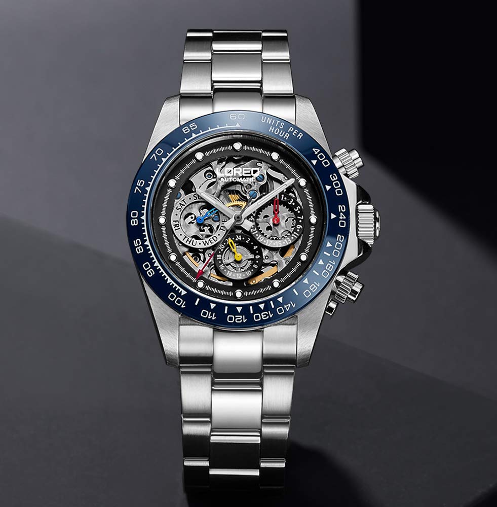 LOREO Mens Automatic Watch Silver Stainless Steel Sapphire Glass Ceramic Bezel Date Military Diving Waterproof Watch