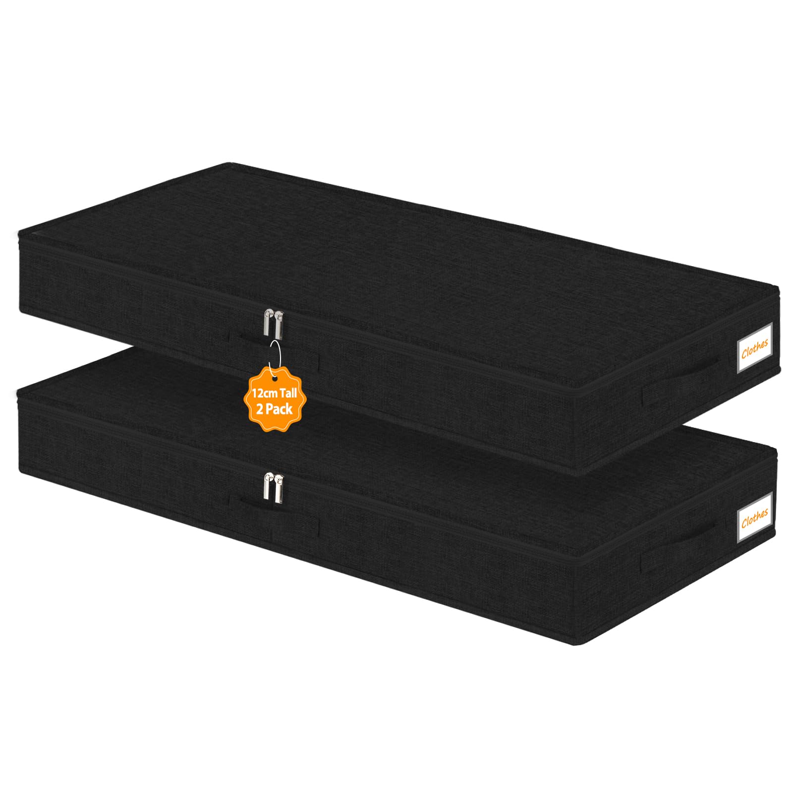 mepure 12CM Height Low UnderBed Storage Boxes With Lid, 2 Pack Shallow Underbed Clothes Storage Organizer With Sturdy Sidewalls/Bottom, Slim Under Sofa Storage Drawers For Comforters Blankets- Black