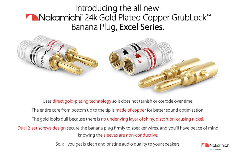 Nakamichi 24K vergoldeter Bananenstecker 12 AWG - 18 AWG Gauge Größe 4mm für Lautsprecher Verstärker Hi-Fi AV Receiver Stereo Heimkino Audiokabel Stecker schraubbar 4 Stück (2-Paare) 2