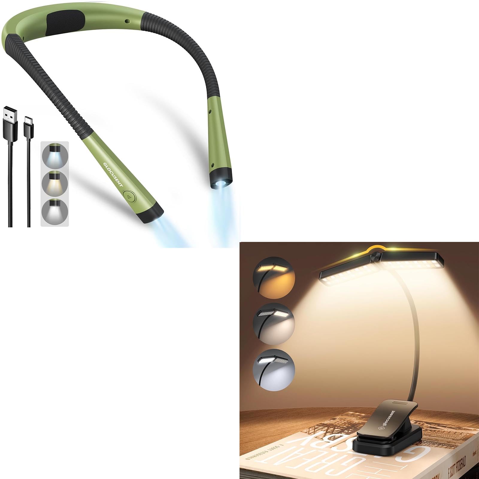 Glocusent Book Light, Bendable Neck Light, Wingy Book Light for Reading in Bed, Book Lovers Gifts