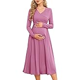 AISWI Women's 2024 Fall Patchwork Maternity Nursing Dress with Pockets Long Sleeve V Neck Clothes Midi Pregnancy Dresses