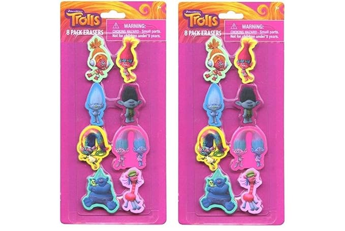 Party Favors Dreamworks Trolls 8pk Shaped Eraser on Card-2 Pack