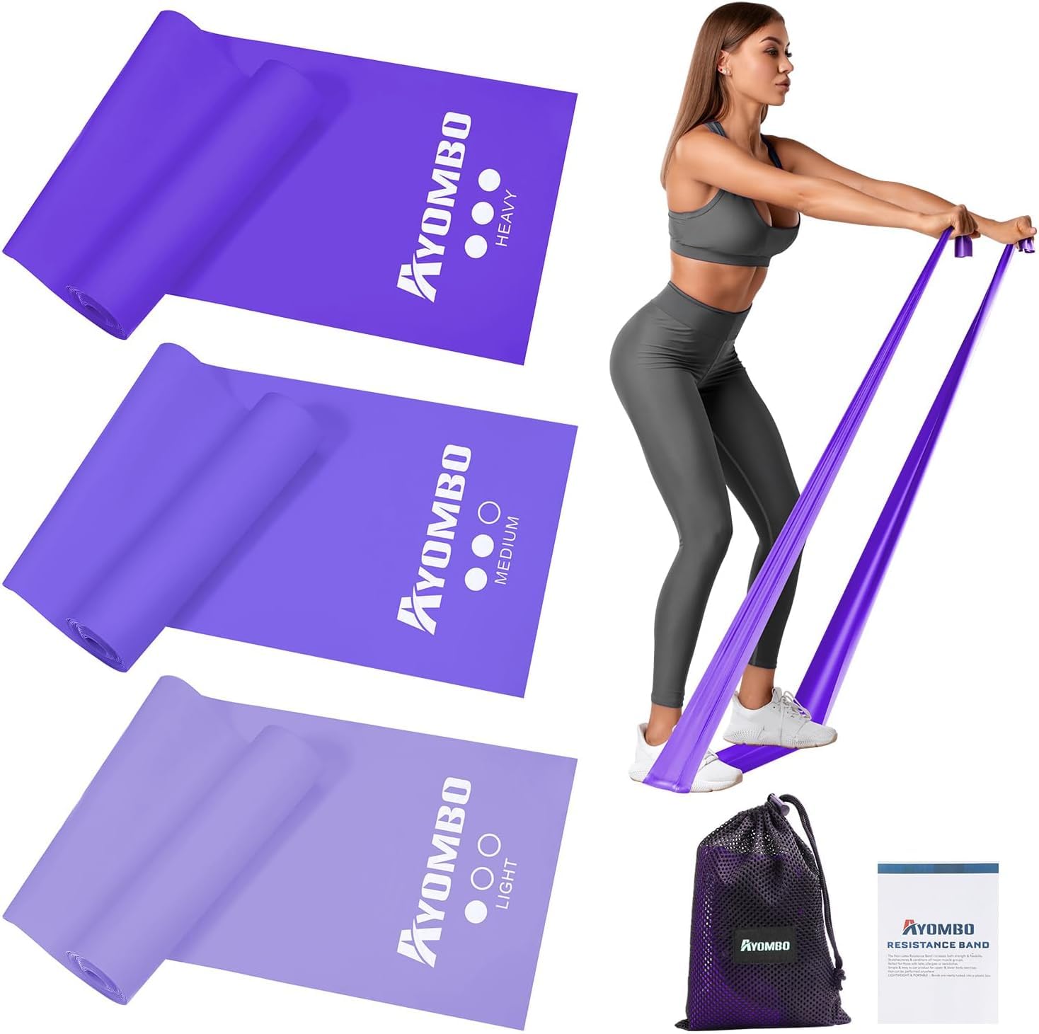 Ayombo Exercise Bands, Resistance Bands Set, Latex Elastic Band for Upper Body, Lower Body, & Core Exercise, Physical Therapy, Pilates, Yoga, at-Home Workouts Stretch Bands for Women