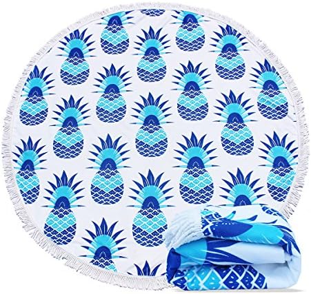 Epy Huts Large Round Beach Towel Pineapple Pattern Smooth Feeling with Tassels, Breathable Blanket for Beach/Indoor/Outdoor 59 Inch Blue