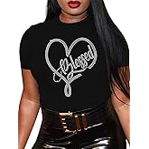 Women's Rhinestone Graphic Funny Cute Tops Melanin Black Girl Letter Print Christian Loose Summer T-Shirt