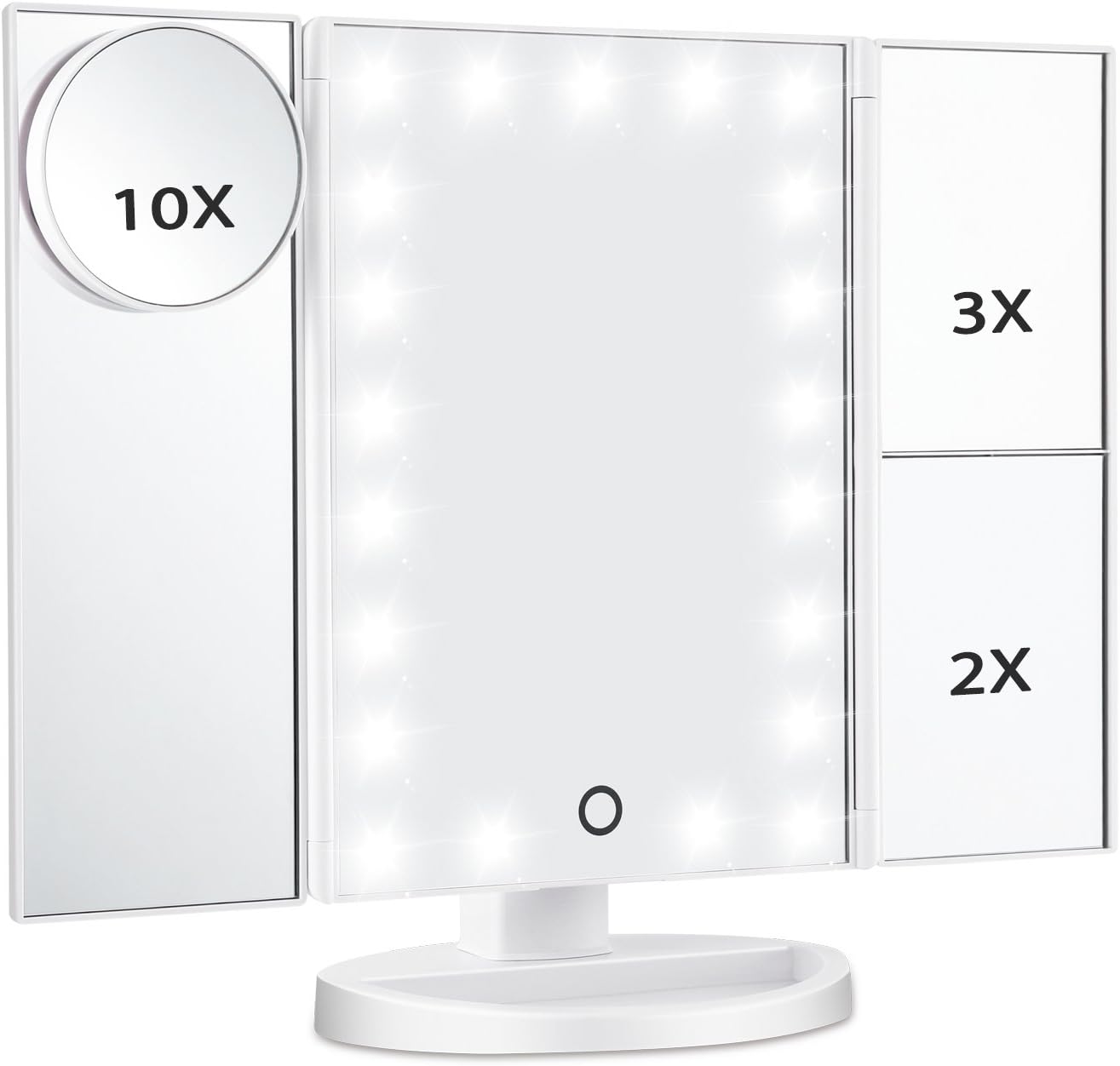 Magicfly Vanity Mirror Lighted Makeup Mirror 10X 3X 2X 1X Magnifying Mirror with 21 LED Lights, Trifold Mirror with Touch Screen, Adjustable Brightness & Stand, Dual Power Supply Mode, White -