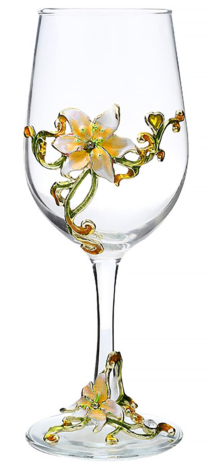 Handmade Painted Enamel Flower Gin Balloon Glass Wine Glass Birthday Gifts for Women Mum Friends Mothers Day, Lead-Free (Yellow Lily)