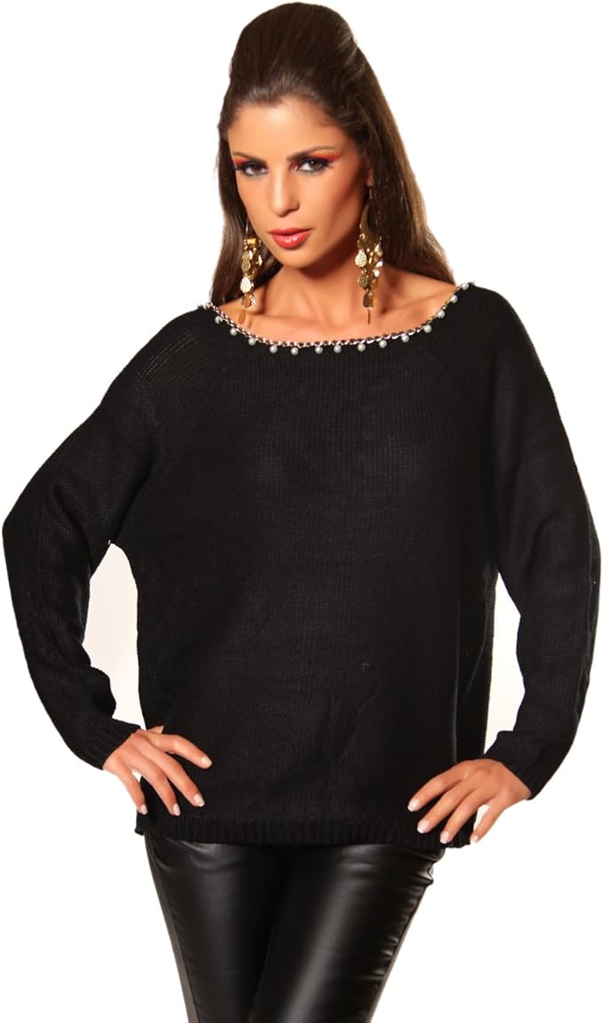 Pullover Mit U Boot Ausschnitt Stricken Damen Pullover Pulli aus feinem Strick mit Perllen und U-Boot