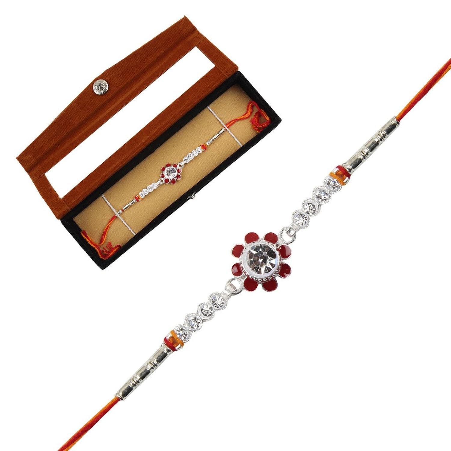 jewel fuel silver rakhi with velvet gift box for men/boys