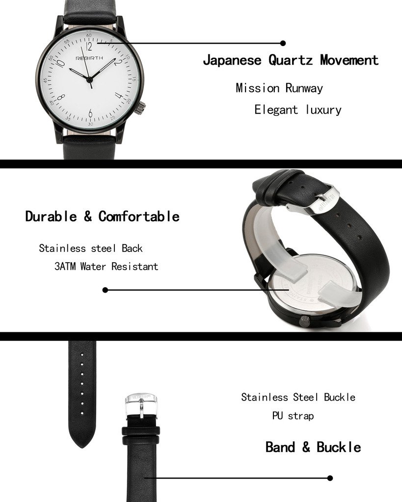 JSDDE Montre à Quartz Unisexe Mouvement Japonais Bracelet PU Style Simple Montre Etanche + Cadeau Boîtier Cadran Blanc Bracelet Noir