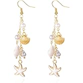 Gold Starfish Shell Dangle Drop Earrings, Beach Jewelry for Women, Summer Boho Beachy Vacation Accessories
