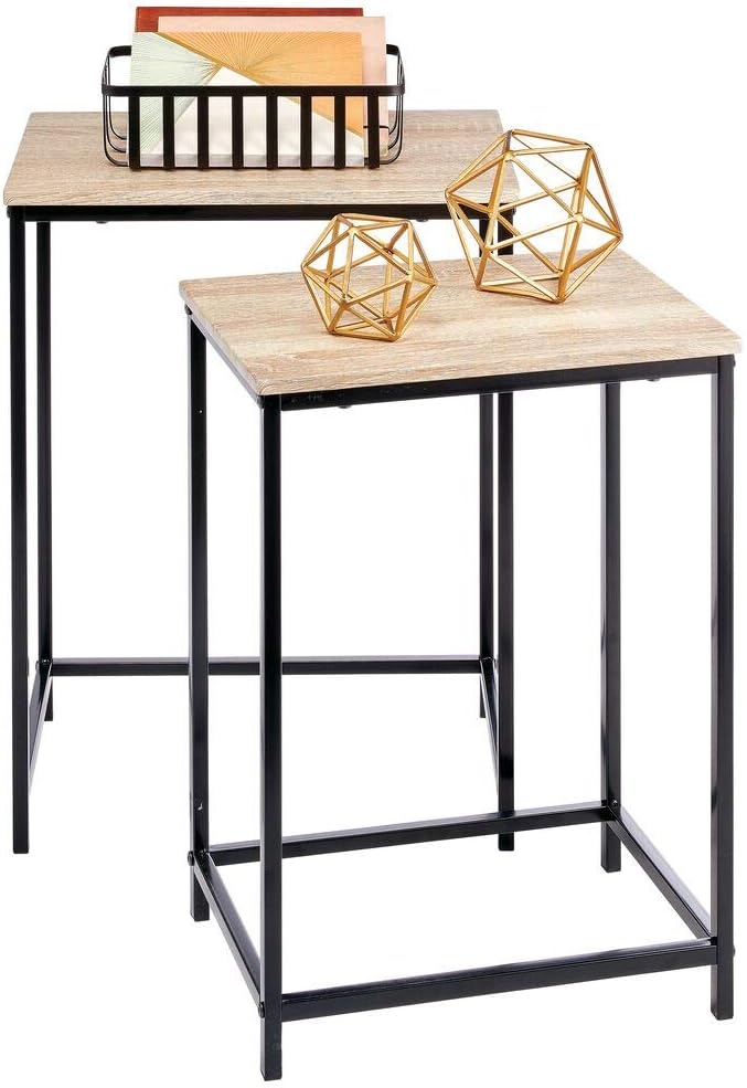mDesign Modern Nesting Side/End Table - Metal Wood Design - Sturdy Vintage, Rustic, Industrial Home Decor Accent Furniture for Living Room, Bedroom - Set of 2 - Natural/Black: Home & Kitchen