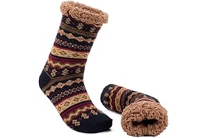 LEMZONE Men's Warm Cozy Slipper Socks Non Slip Winter Fuzzy Fleece Lining Cabin Sock with Grips