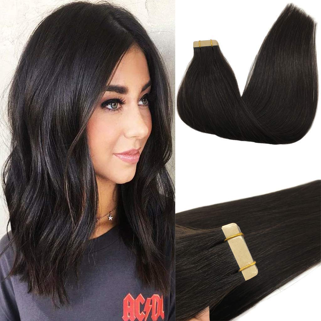 GOO GOO Tape in Hair Extensions human hair, tape Hair Extensions, 24inch 50g 20pcs, Human Hair Extensions, 1B Natural Black