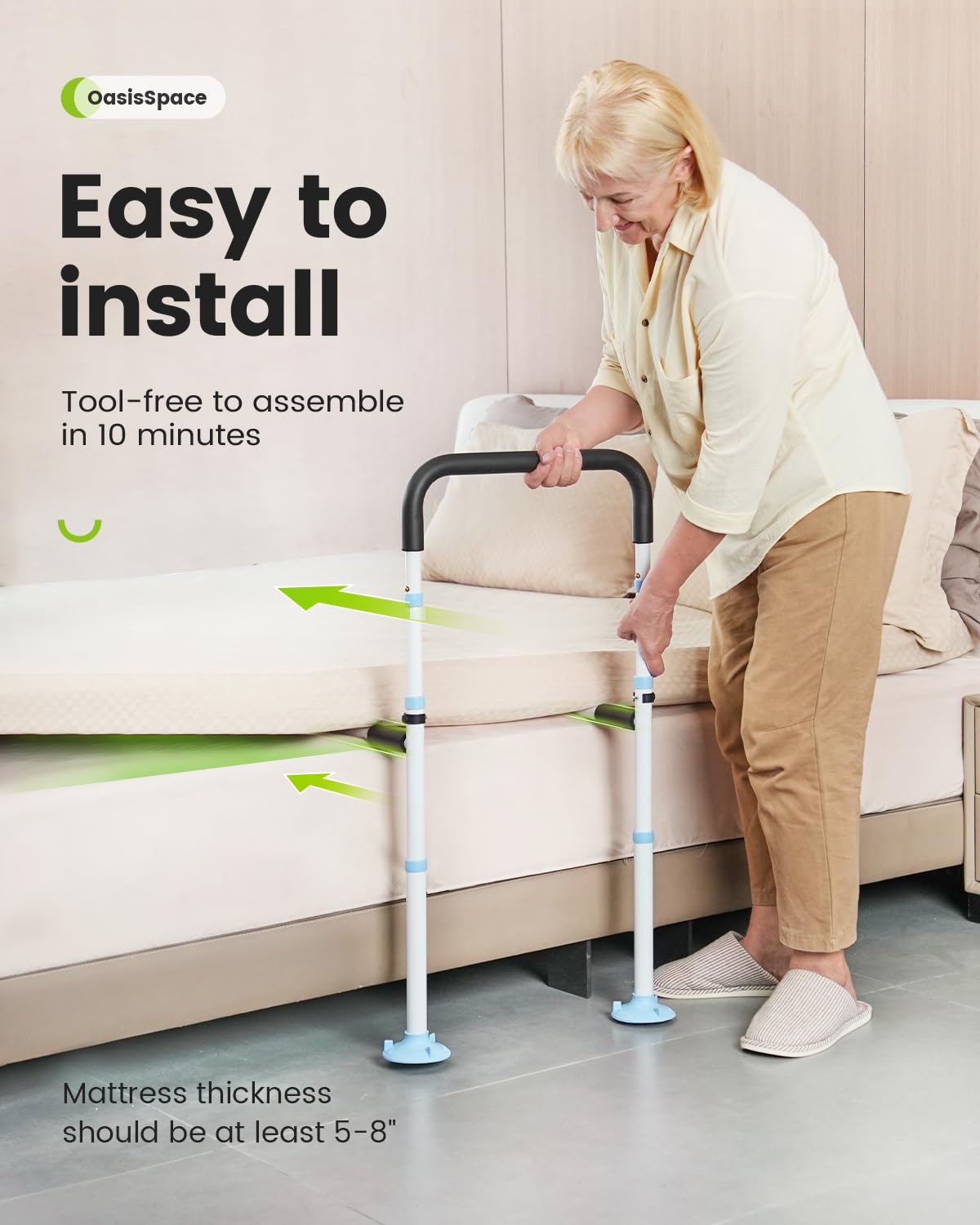 OasisSpace Bed Rail for Seniors, Medical Adjustable Bed Assist Rail Handle and Fall Prevention Safety Hand Guard Grab Bar for Elderly, Handicap - Fit King, Queen, Full, Twin