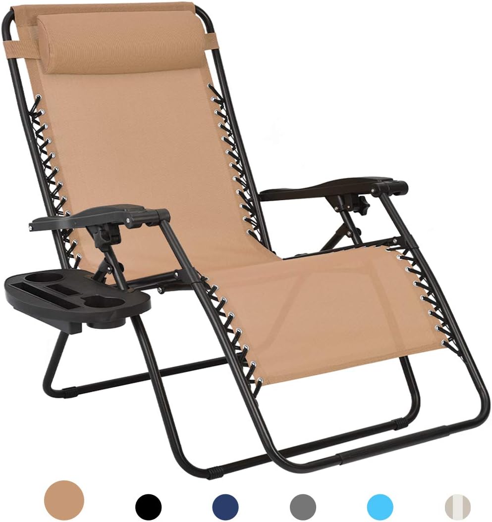 Patio Watcher Oversized Zero Gravity Chair Folding Recliner Chair with Cup Holder Accessory Tray and Removable Pillow for Outdoor Yard Porch Beige 1 Chair : Garden & Outdoor