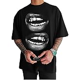 GORGLITTER Men's Lip Pattern Graphic Tees Loose Short Sleeve Crewneck T Shirts Streetwear Top
