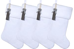 Shgngle White Velvet Quilted Personalized Christmas Stocking,19.5 Inch Fireplace Hanging Stockings with Blank Wooden Tags DIY Name,Family Holiday Decorations and Xmas Gift(White 4Pcs)