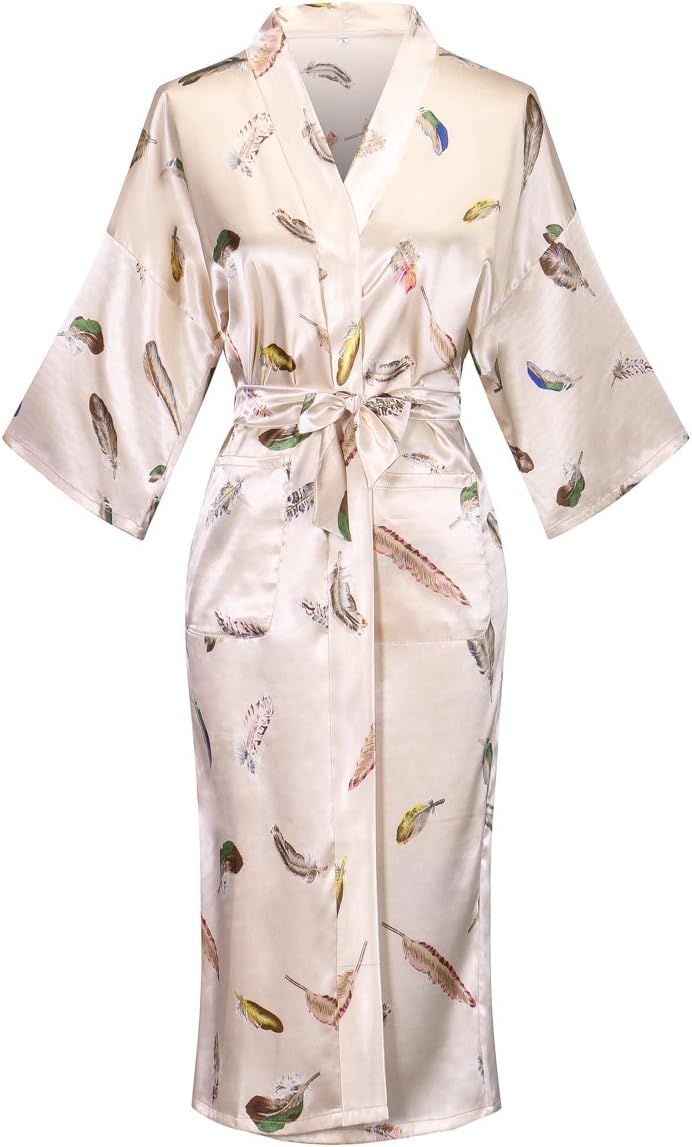 ValenniaWomen Long Silky Bathrobe Satin Kimono Robe Floral Printed Dressing Gown Sleepwear