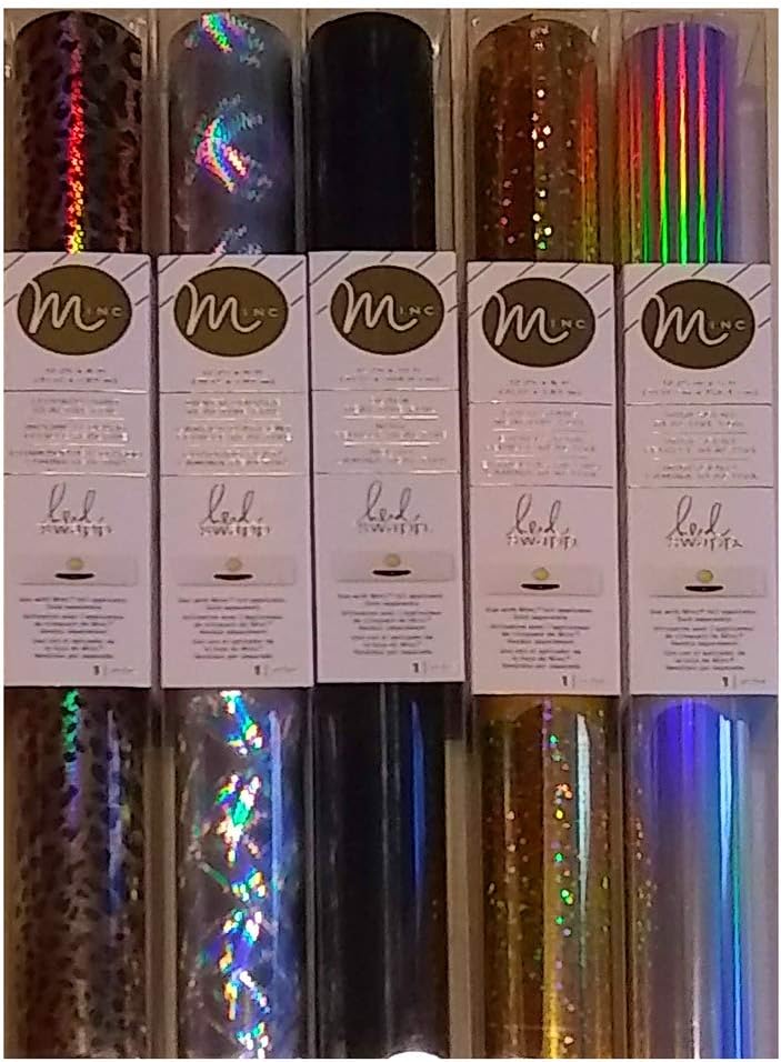 Minc Reactive Decorative Foil - Transfer Sheets - Bundle of Five Colors, 12" Tall - Black, Holographic Leopard, Iridescent, Gold Stars, and Silver Holographic Squares