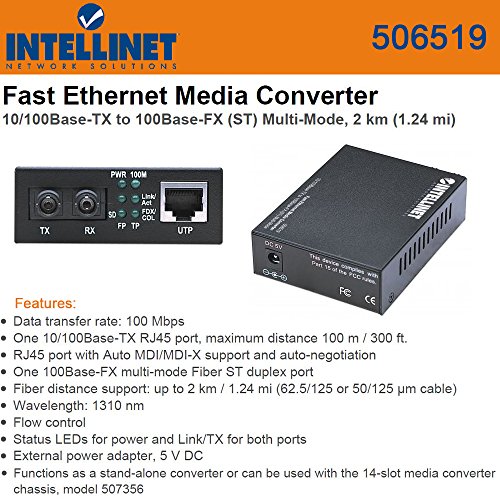 New-INTELLINET 506519 10/100BASE-TX TO 100BASE-FX (ST) MULTI-MODE, 2-KM ETHERNET MEDIA CONVERTER - ICI506519