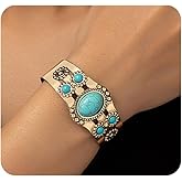 Rrdaily Turquoise Stone Cuff Bracelet Vintage Gold Tone Bangle, Boho Statement Adjustable Tribal Carved Pattern Jewelry Gift for Fashion Women