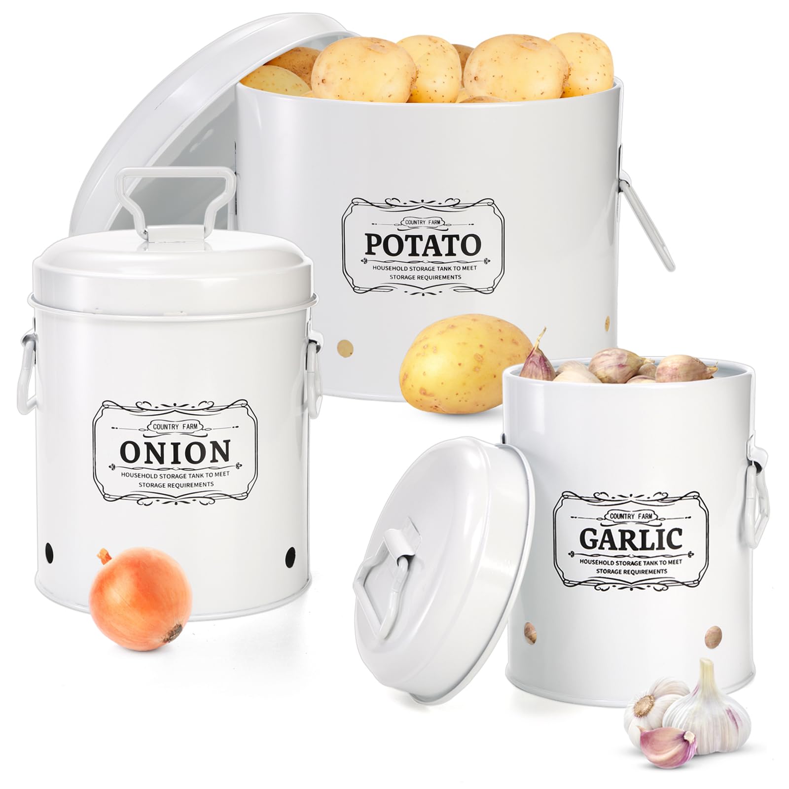 Photo 1 of (dented)(see images) Suwimut Set of 3 Vegetable Storage Tins, Metal Potato Onion Garlic Storage Bin, Kitchen Canisters Vegetable Fresh Keeper