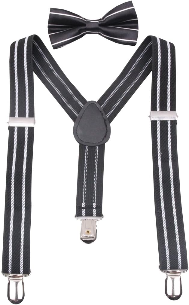GUCHOL Kids Suspenders Bowtie Set - Adjustable Length 1 Inches Strengthen Suspender with Bow Tie Set for Boys and Girls (White stripe)
