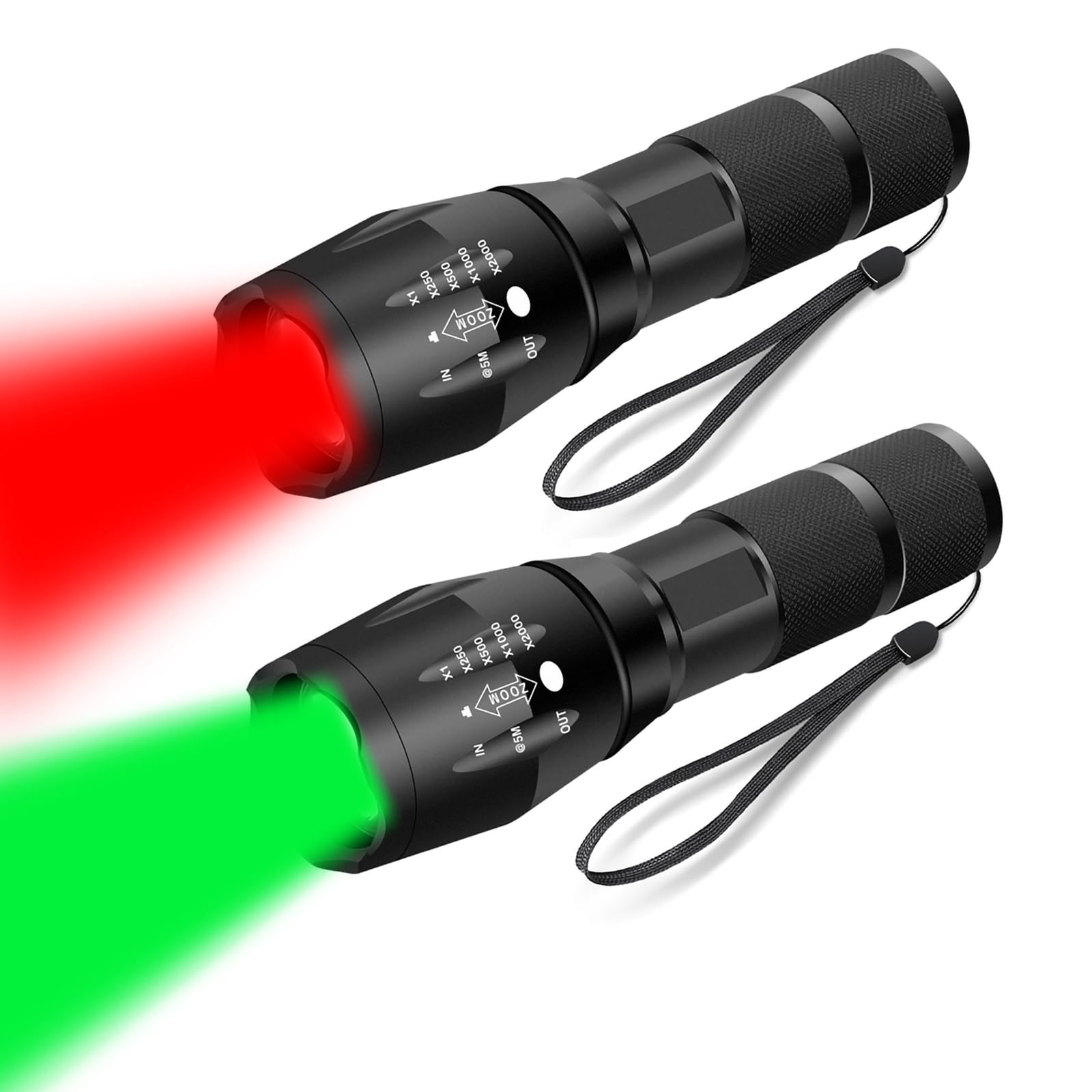 KUPRO Red Green Light Torches 1000 Lumens LED Hunting Torch Tactical 150 Yards Predator Light Single Mode Zoomable Waterproof Flashlight for Coyotes Varmints Hog Hunting, Astronomy, Fishing, Aviation