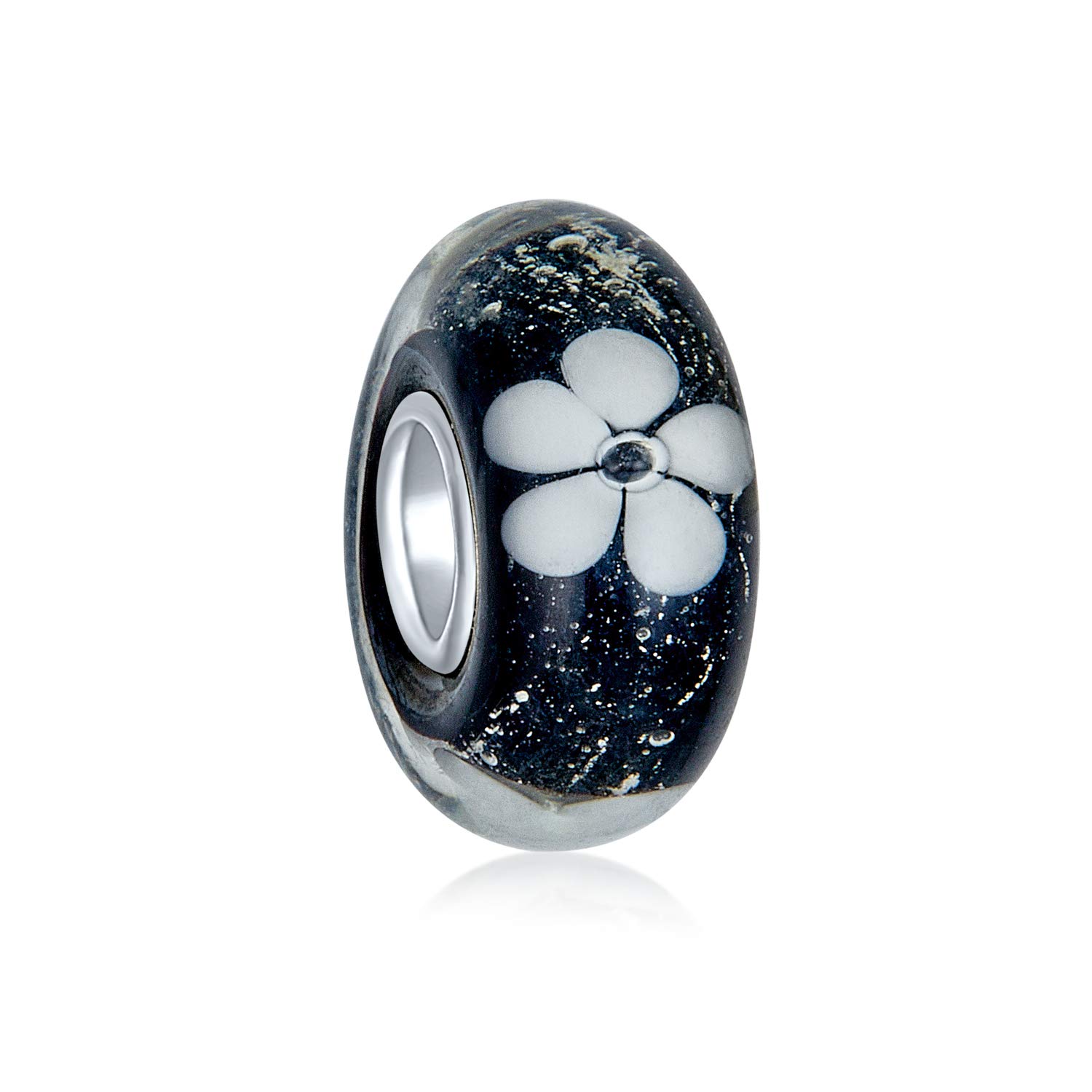 Bling Jewelry Translucent Floral Black White Flower Spacer Charm Bead Fits European Bracelet for Women Teen Murano Glass .925 Sterling Silver Core