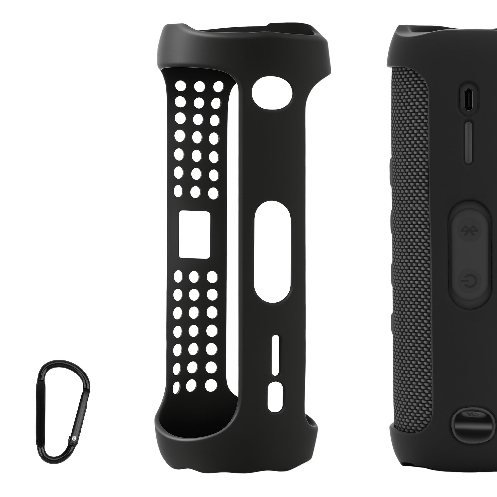 Geekria Silicone Speaker Case Cover, Compatible with JBL Flip 5, Protective Waterproof Soft Skin, Replacement Portable Speakers Travel Carrying Sleeve with Keychain Hook (Black)