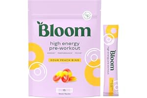 Bloom Nutrition High Energy Pre Workout Powder for Women - Natural Caffeine Powder from Green Tea Extract, w/Beta Alanine, Ginseng & L Tyrosine, Sugar Free & Keto Stick Packs (Sour Peach Ring)
