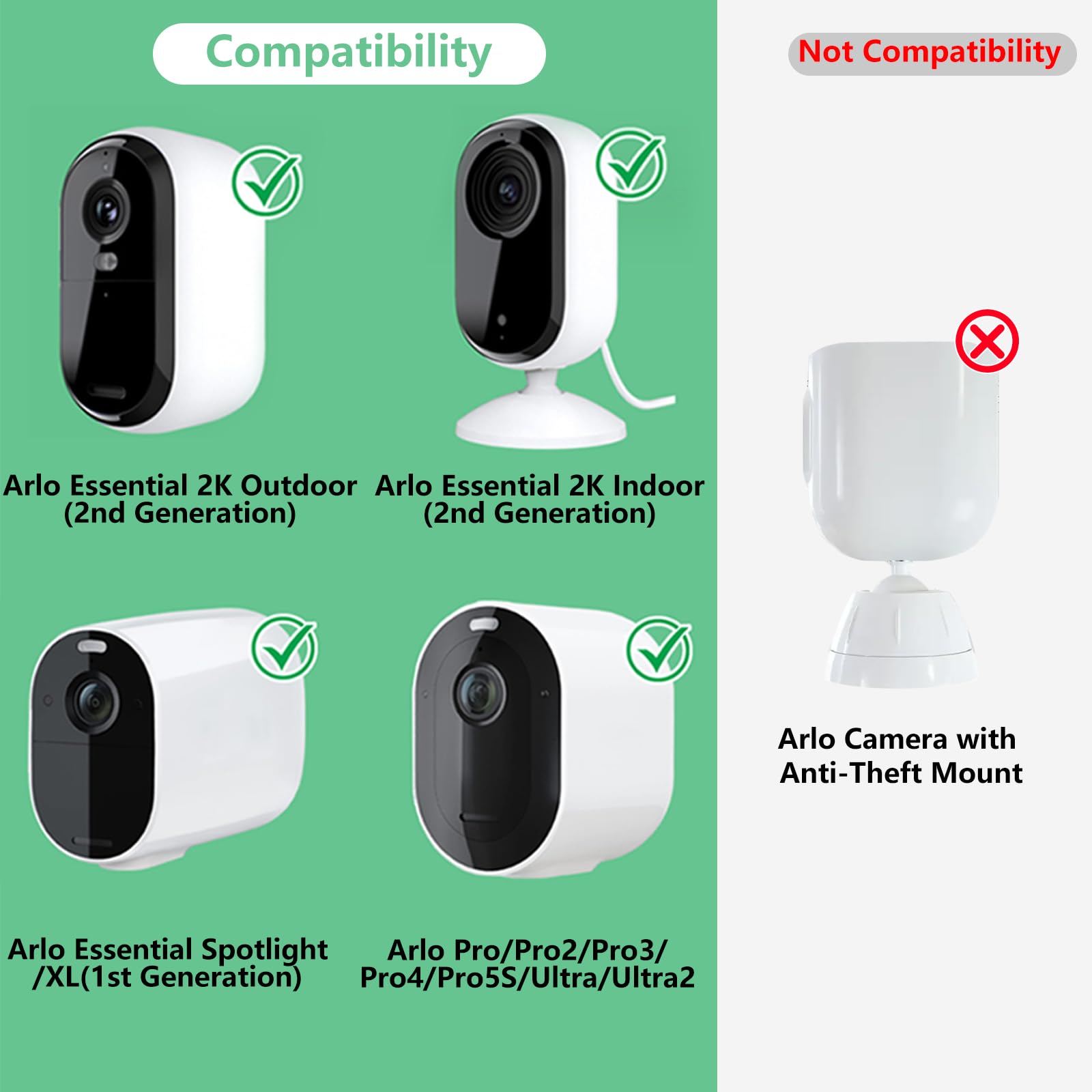 2Pack Adjustable Mount for Arlo Essential 2K Indoor/Outdoor(2nd Generation), for Arlo Pro 5S/Pro 4/Pro 3/Pro 2/Pro/Arlo Ultra2/Ultra/Arlo Essential Spotlight Camera, No-Drill Security Wall Mount