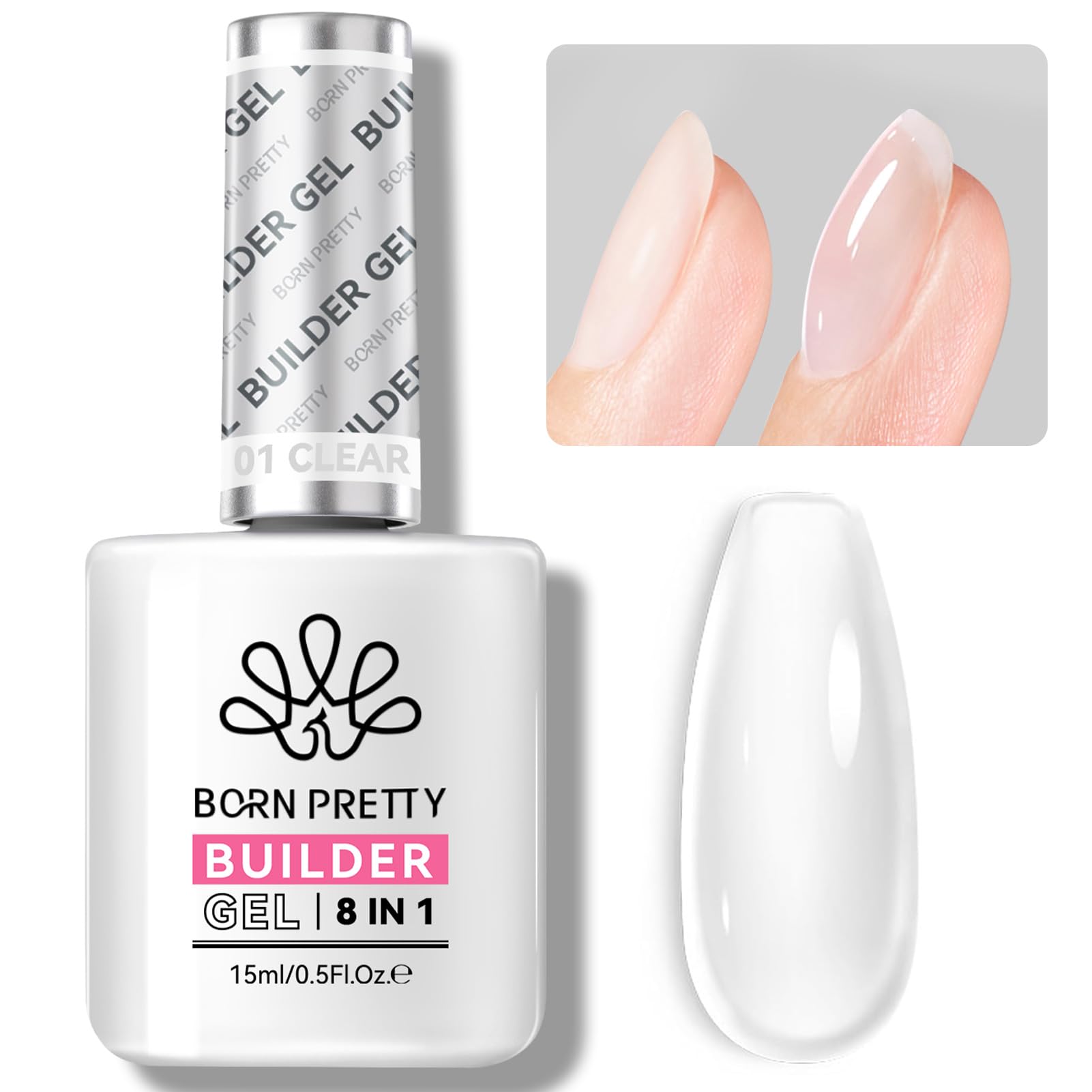 BORN PRETTY Builder Gel for Nails,8-in-1 Clear Builder Nail Gel for Nail Apex and Extension Strengthener,Nail GLue Gel Hard Gel Base Rhinestone Nail Glue Gel in a Bottle 15ml