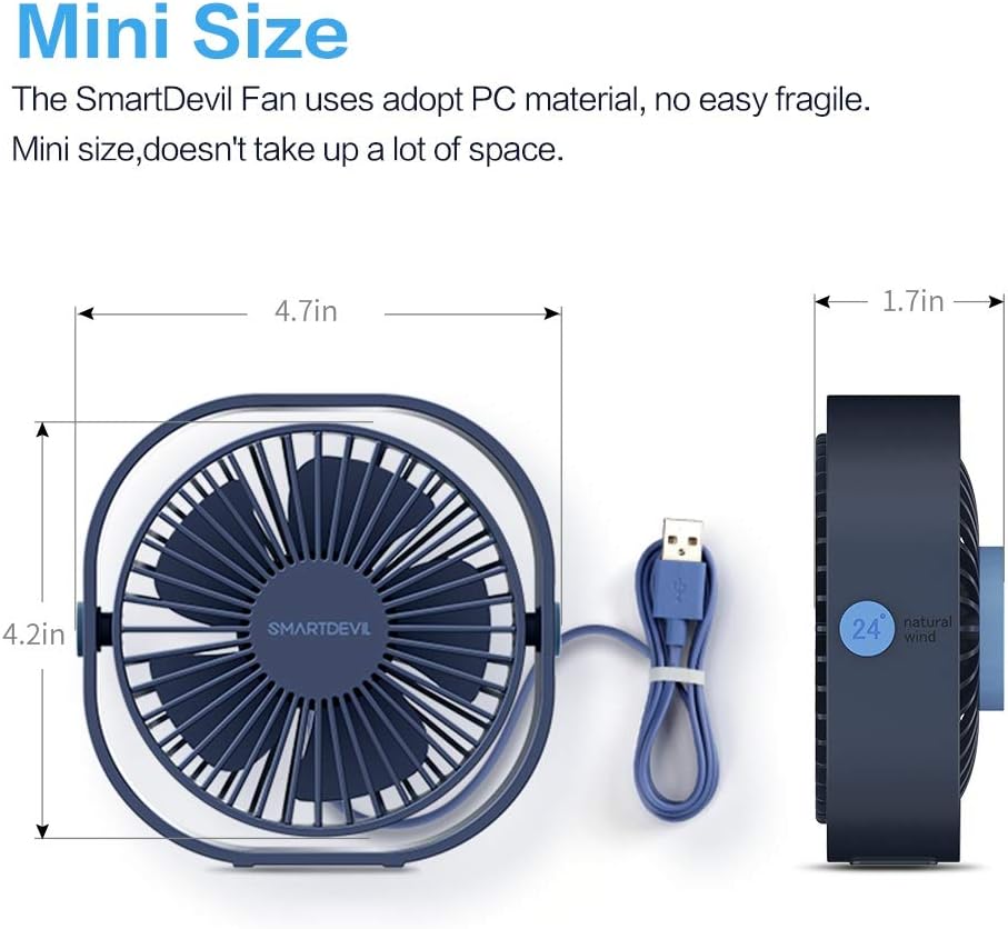 SmartDevil Small Personal USB Desk Fan,3 Speeds Portable Desktop Table Cooling Fan Powered by USB,Strong Wind,Quiet Operation,for Home Office Car Outdoor Travel (Navy Blue): Kitchen & Dining