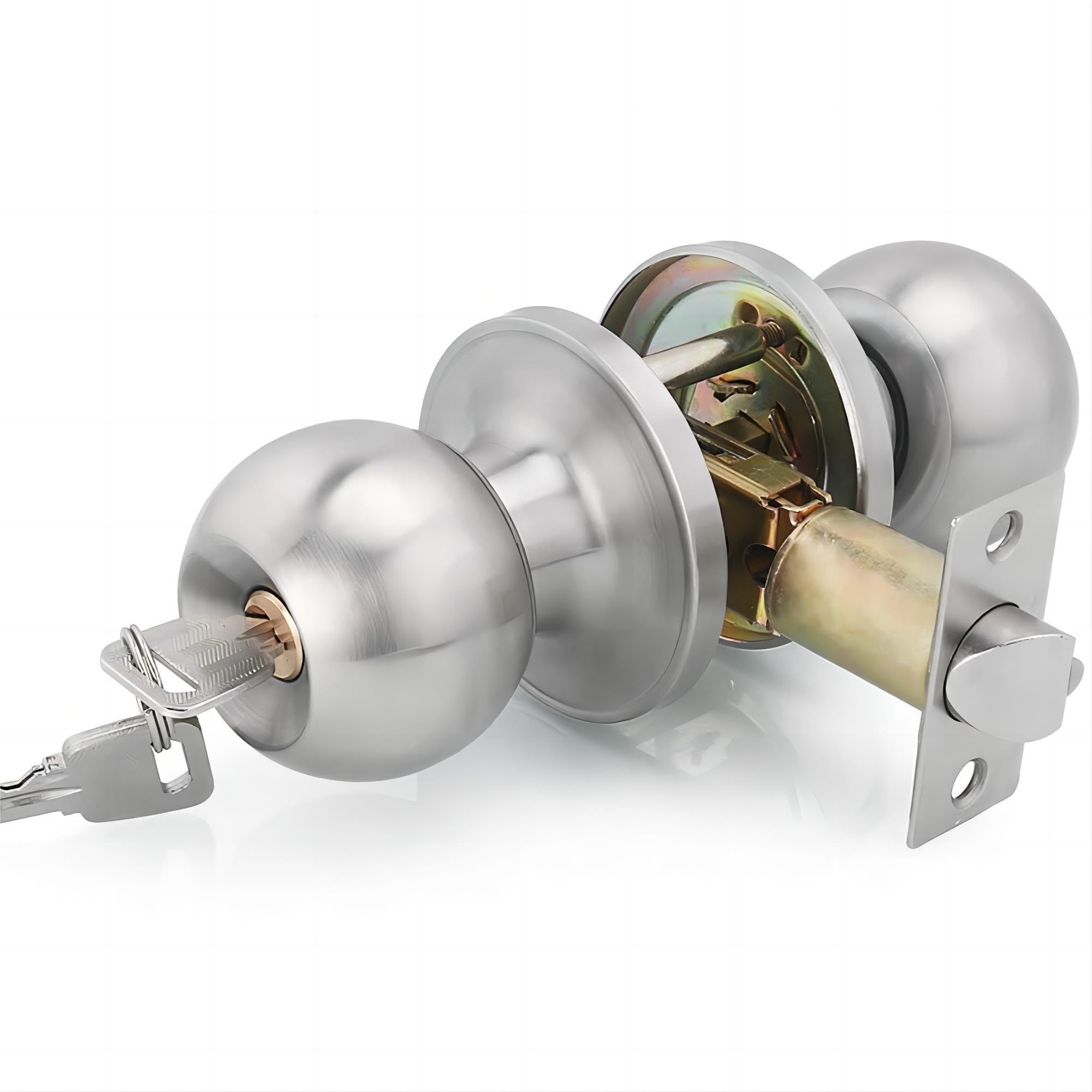 Qrity 2 Packs Stainless Steel Entracne Passage Door Handle Lock Knobs Lockset - Key Locking - Copper Lock Core - Latch Size 60/70mm