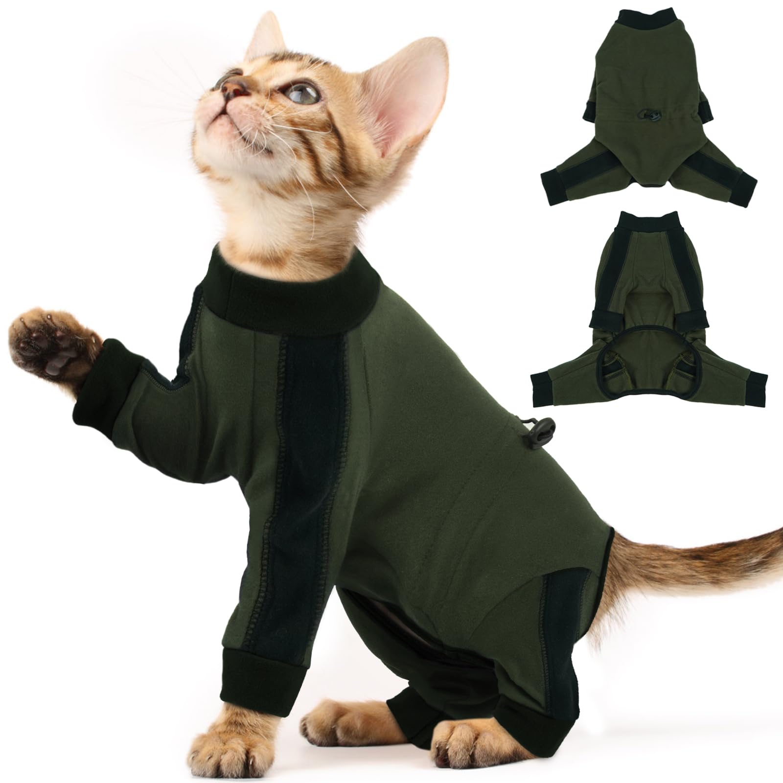Photo 1 of ADNIKIA Cat Pajamas for Cats Only, Sticky Hair Cat Clothes, Long Sleeve Sphynx Clothes, Anti-Licking or Skin Disease Recovery Suit for Female Cats, Kitten Onesie Pajamas, ArmyGreen, XS