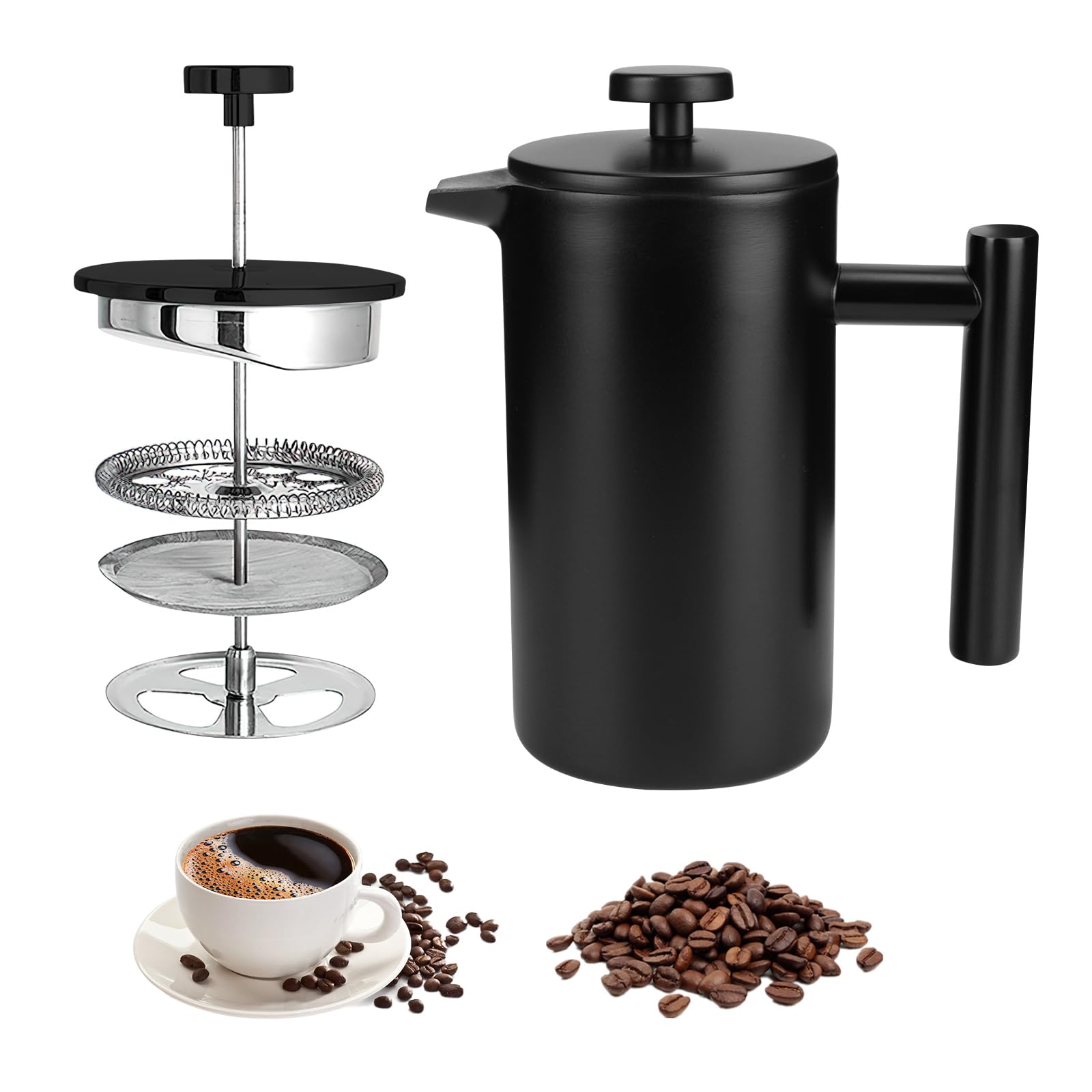 Palmcee French Press Coffee Maker, 350ML Stainless Steel Cafetiere with Spoon Double-Walled Insulated Coffee Measuring for 1-3 Cup, Easy to Clean, French Press for Home and Office