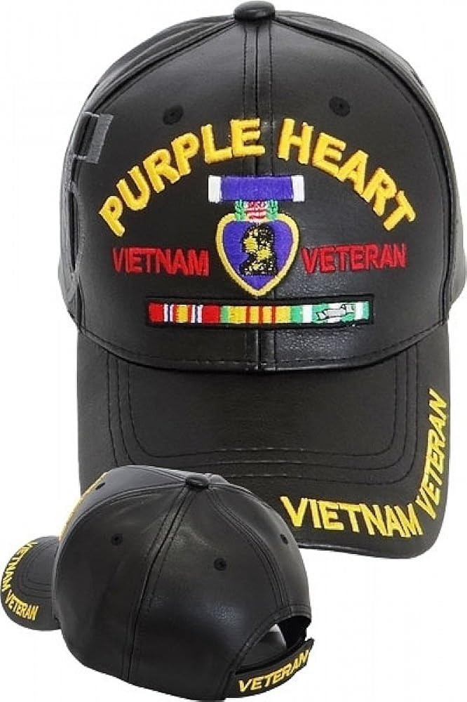 Purple Heart Vietnam Veteran Shadow PU Leather Mens Cap [Black