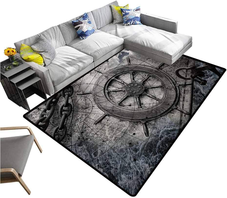 Ships Wheel Rugs Retro Navigation Equipment Illustration with Steering Wheel Charts Anchor Chains Bedroom Hallway Rug Charcoal (6'x8')