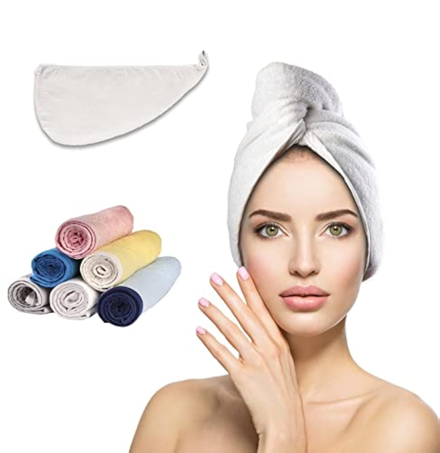 ADON London 100% Cotton Turbie Hair Drying Towel Wrap for Women & Men Large Hair Towel for Curly Long Thick Hair, Water Absorbent Quick Dry Anti Frizz Hair Turban Towel (White), 60cm x 25cm