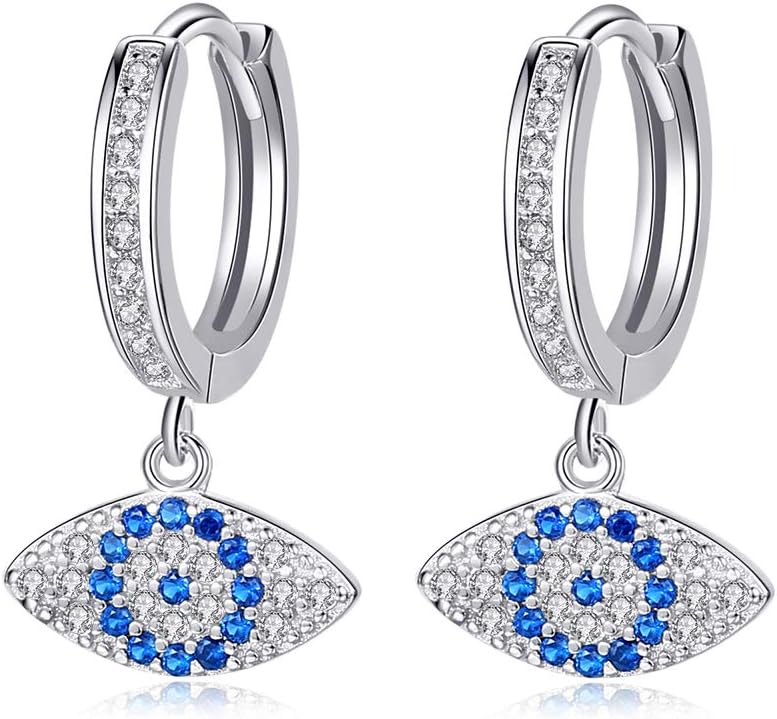 Blue Hamsa Evil Eye Hoop Earrings for Protection Sterling Silver 925 Paved Cubic Zirconia for Womens